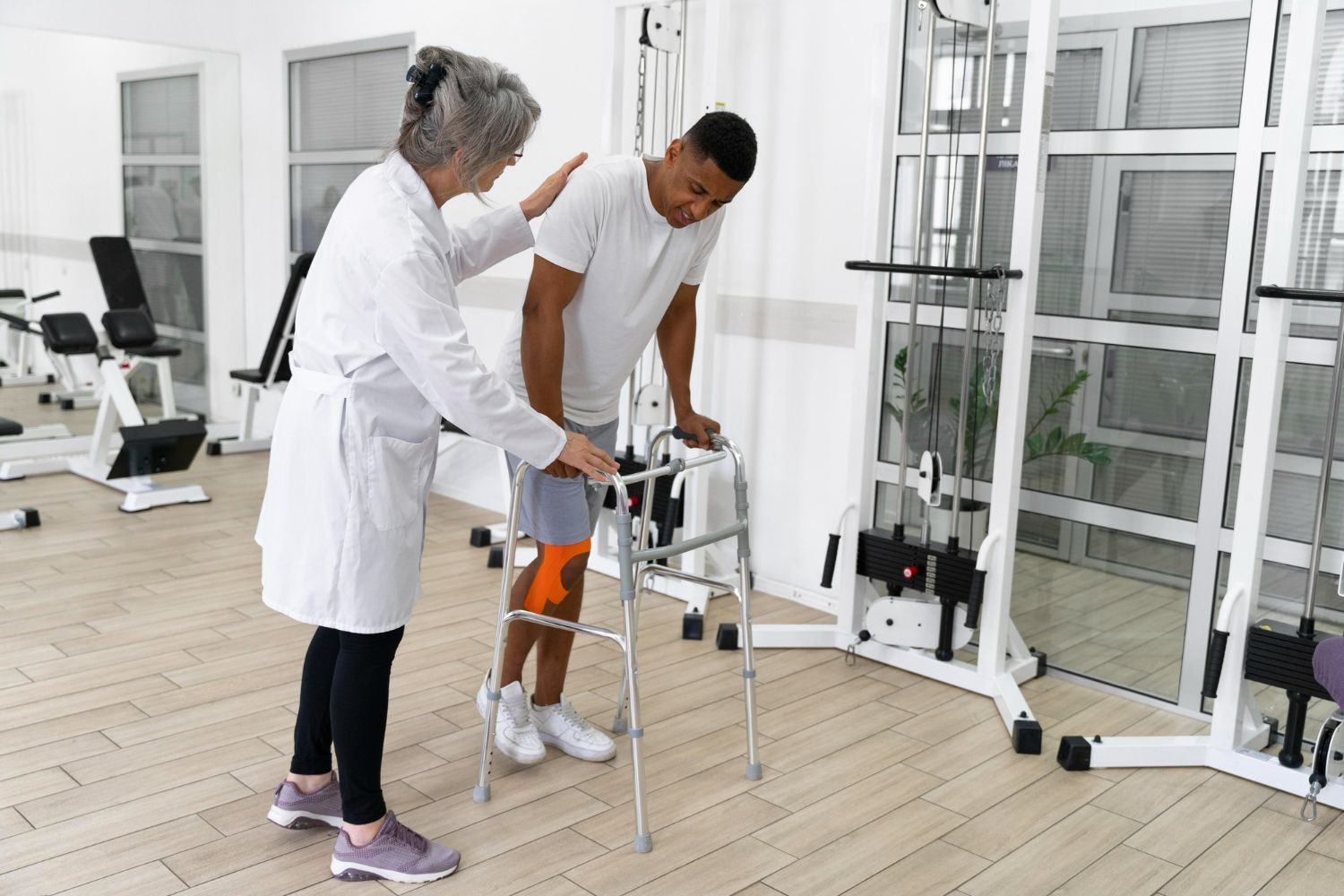 A doctor is helping a man with a walker in a gym.