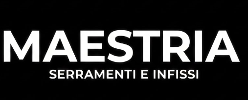 Logo for Maestria, white text on a black background. Includes