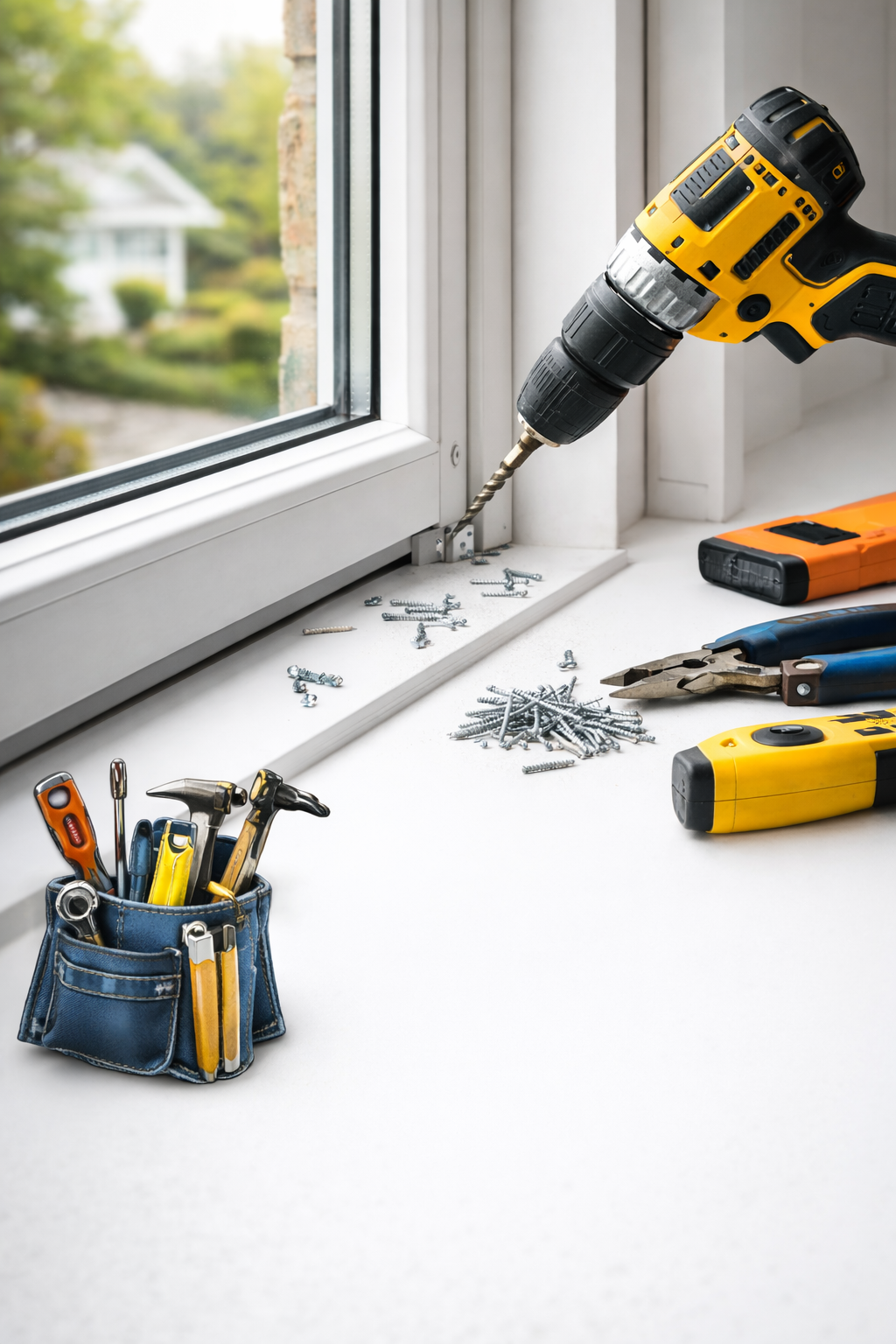 trapano giallo per installare una cornice per finestra sul davanzale