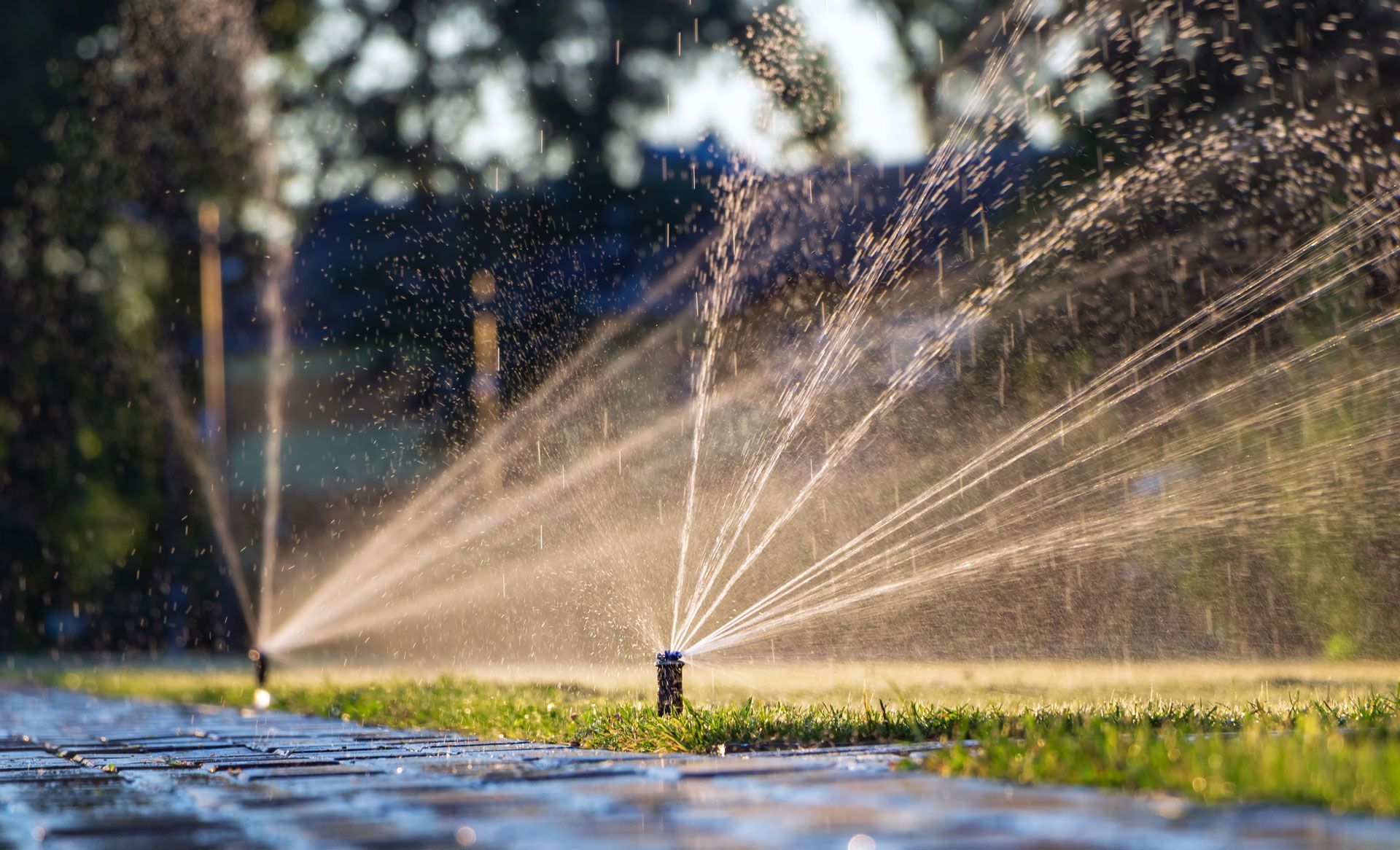 Sprinklers spraying water across a sunlit lawn with droplets sparkling in the air