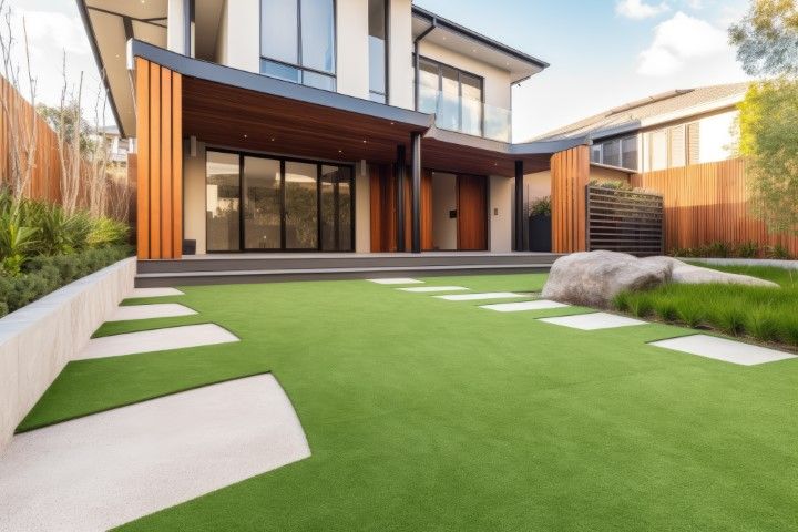 A gorgeous backyard with artificial grass and stone stepping stones. 