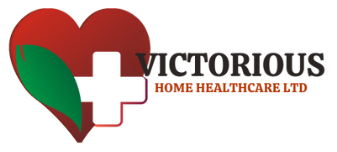 Logo for Victorious Home Healthcare Ltd: Red heart with leaf and white cross, text.
