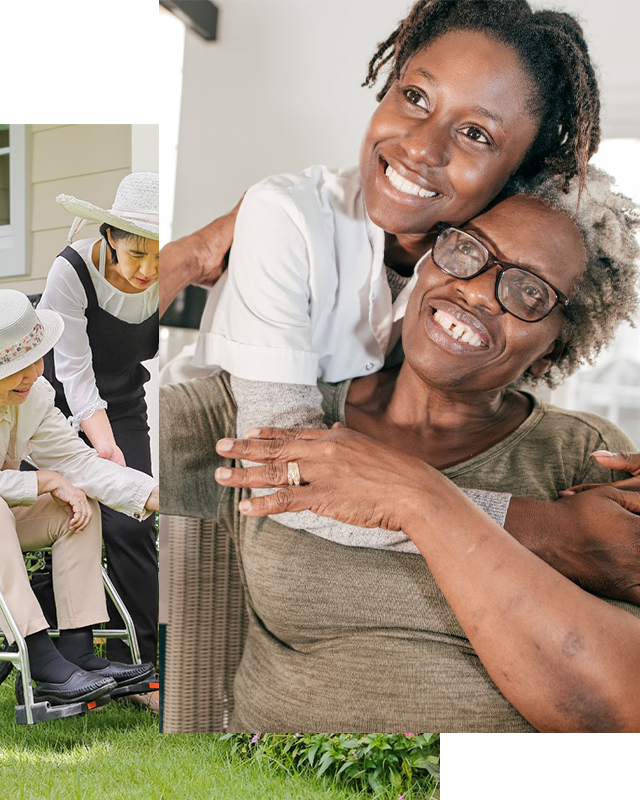 Caregiver hugging an older person indoors; smiling. Two people outside assisting another in a wheelchair.