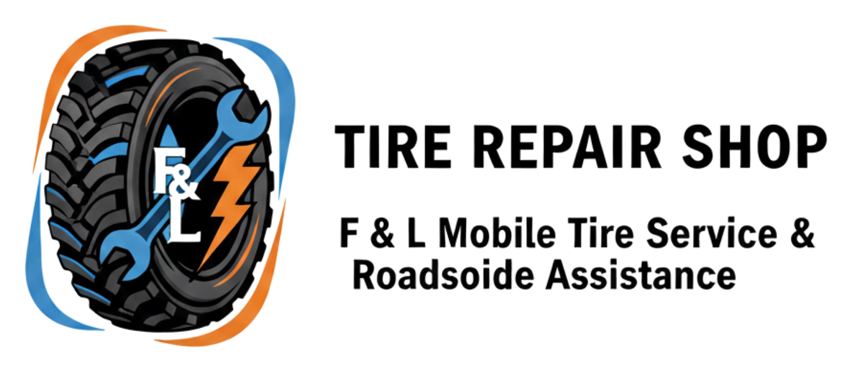 Logo for F & L Tire Repair Shop; a tire with a wrench and lightning bolt, and text: mobile tire service.
