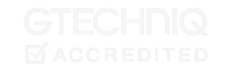 Light gray GTECHNIQ ACCREDITED logo with a checkmark icon on a white background