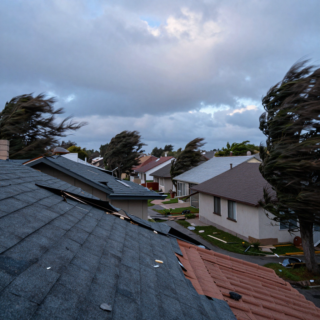 Stormy suburban neighborhood with windblown trees and rooftops under dark clouds
