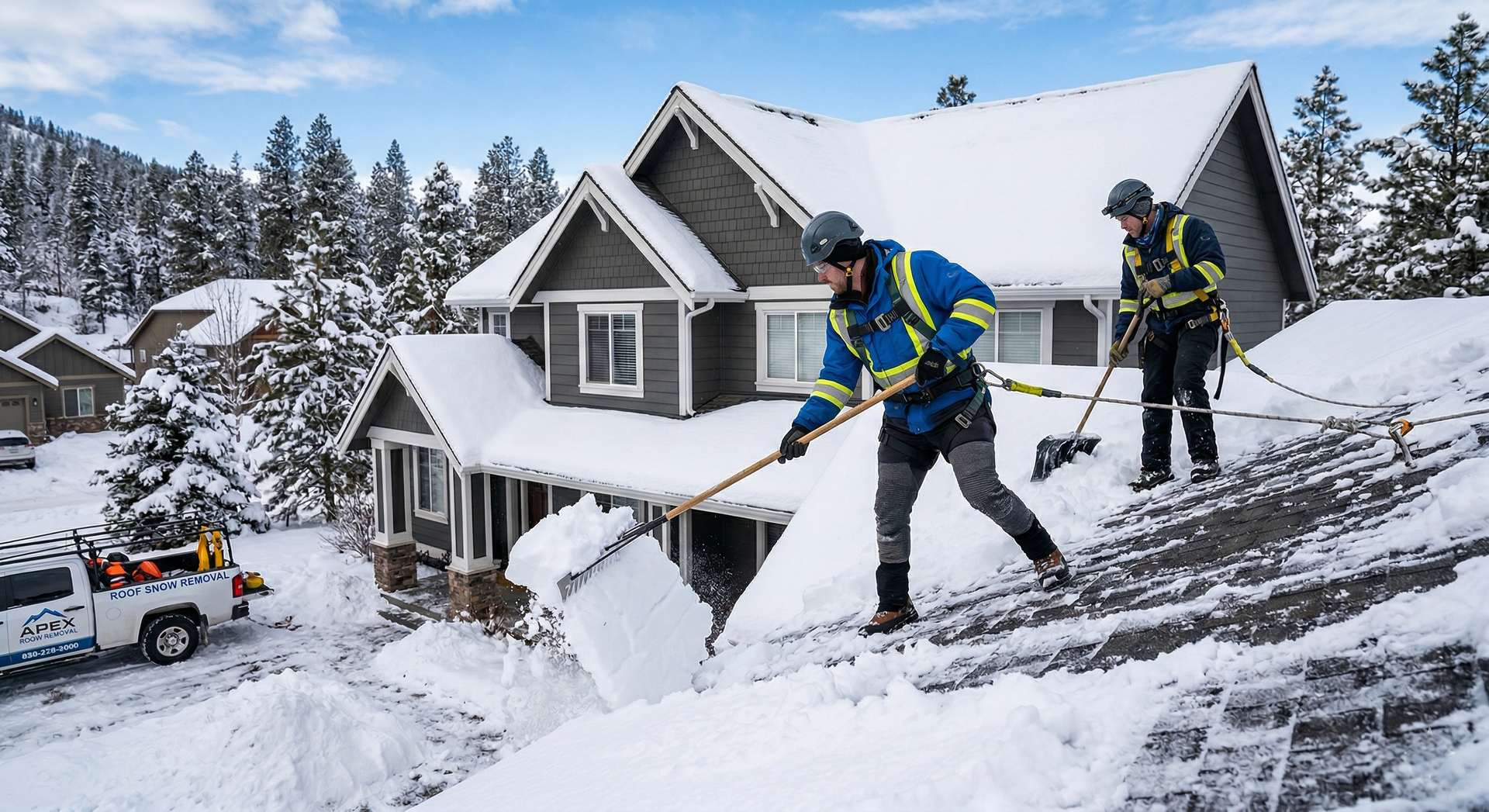 Two workers in safety gear and harnesses remove snow from a residential roof using long-handled snow rakes.