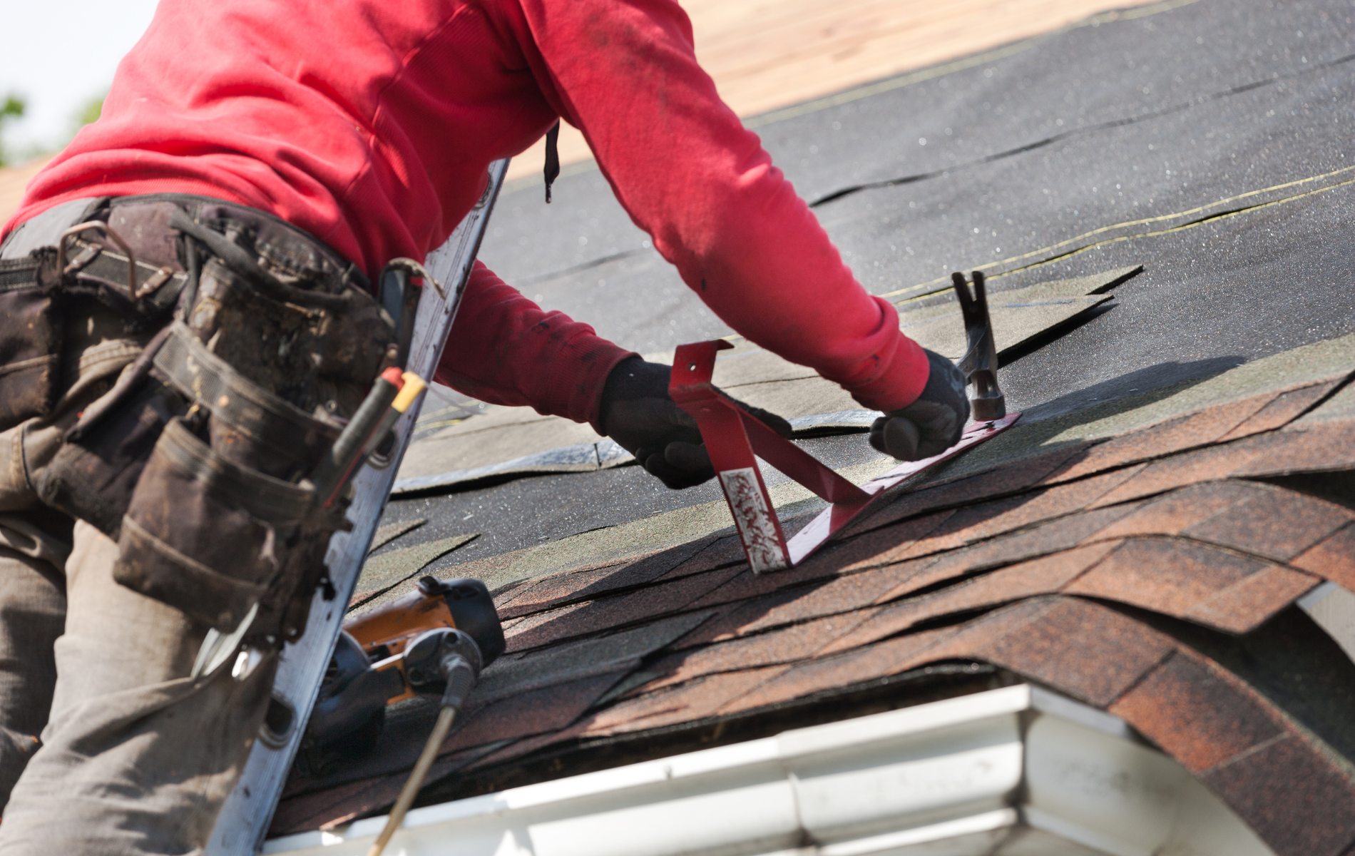 Roofer on a ladder repairing a shingled roof, wearing a red shirt, black gloves, and a tool belt.