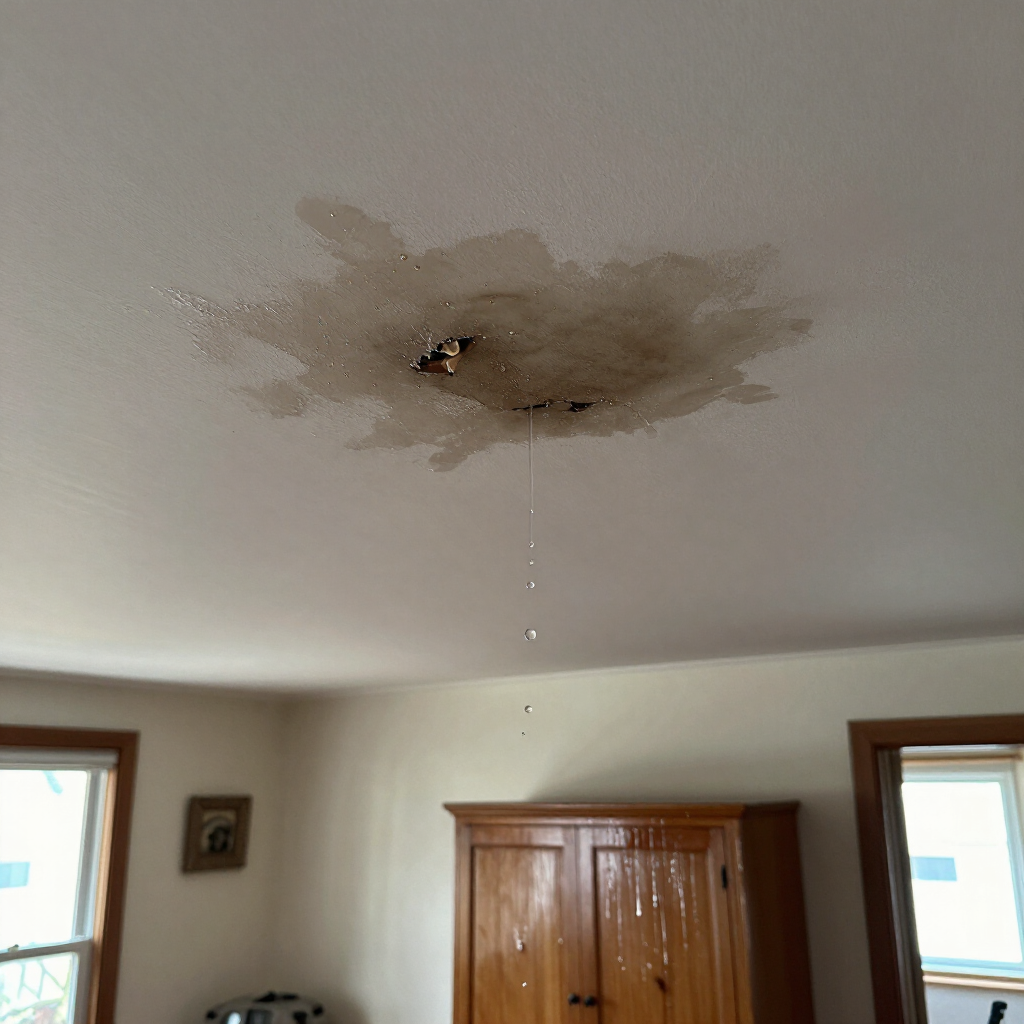 Damaged ceiling with brown water stain and a hanging drip above a room with windows and a wooden cabinet