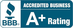 BBB Accredited Business with an A+ Rating. Blue and white logo.