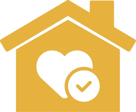 A yellow house with a heart and a check mark inside of it.