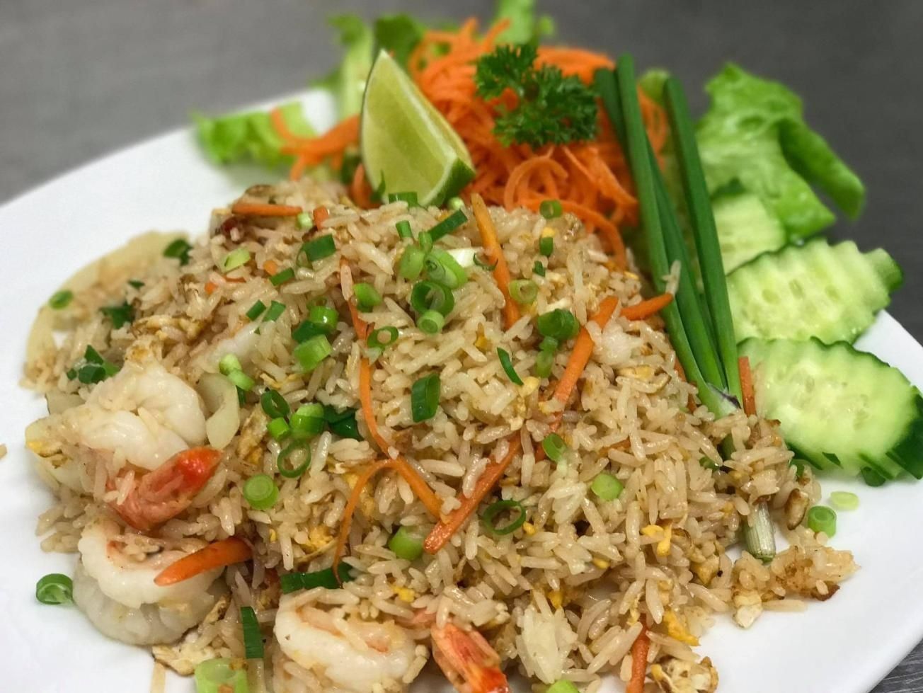 Shrimp Fried Rice With Carrots, Scallions, and a Lime Wedge — Thai Taste Restaurant in Gracemere, QLD