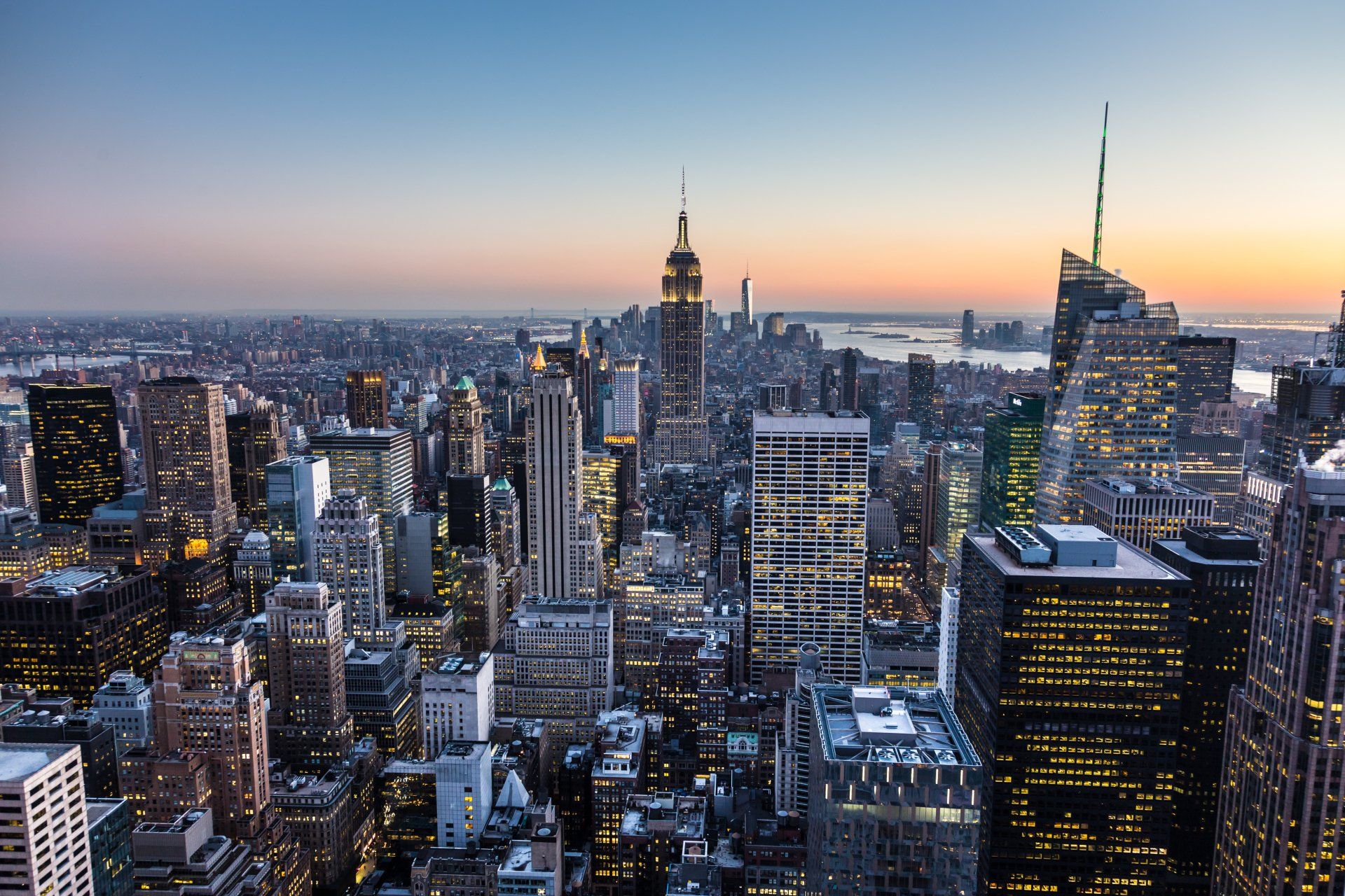 an aerial view of a city skyline at night 