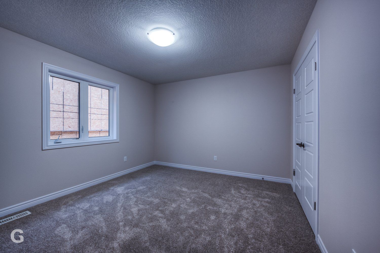 An empty bedroom with a carpeted floor and two windows.
