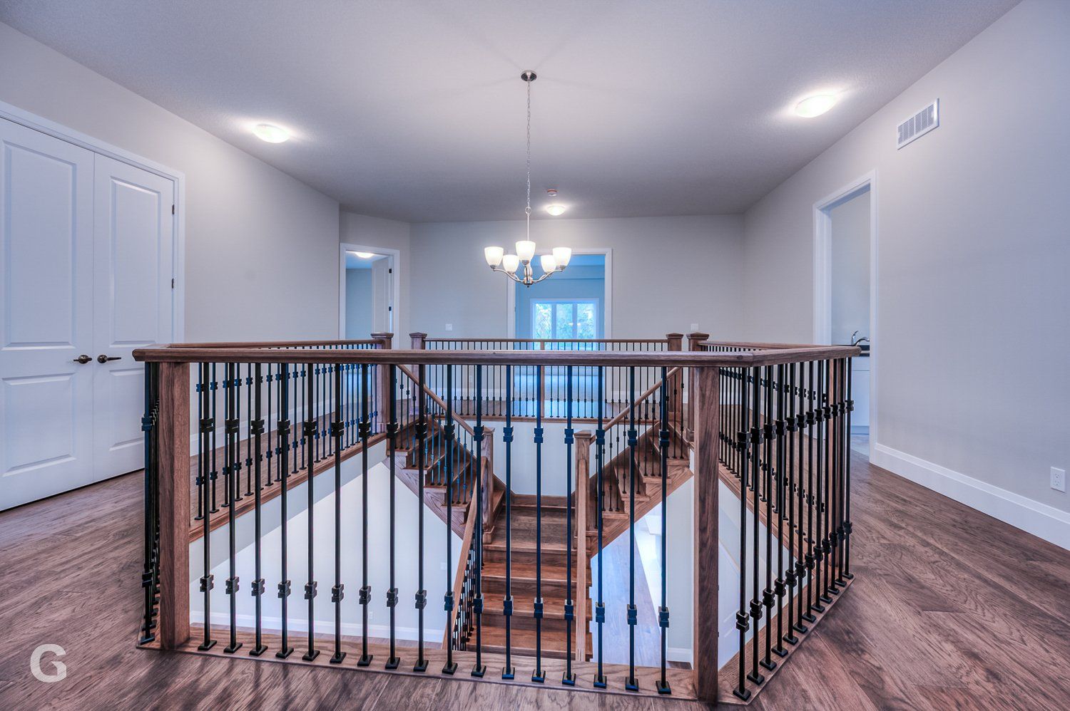 There is a staircase in the middle of the room.