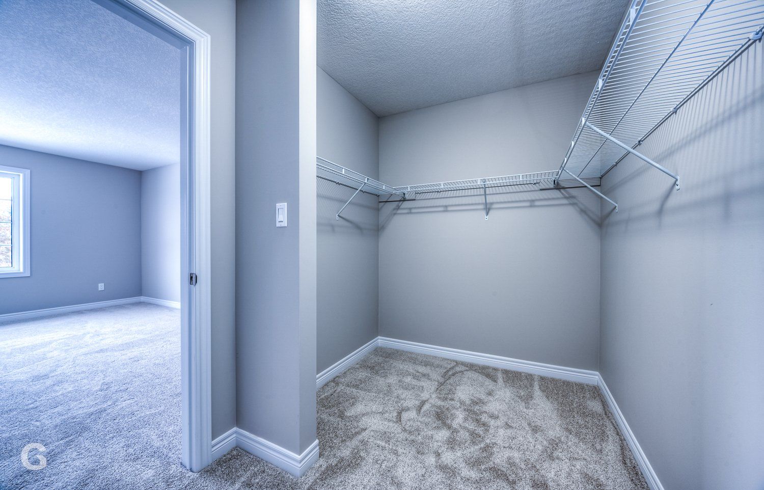 An empty walk in closet in a house with a carpeted floor.