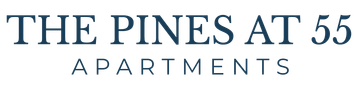 The Pines at 55 Apartments logo in dark blue with 