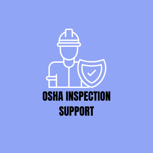 A logo for osha inspection support with a man in a hard hat holding a shield.