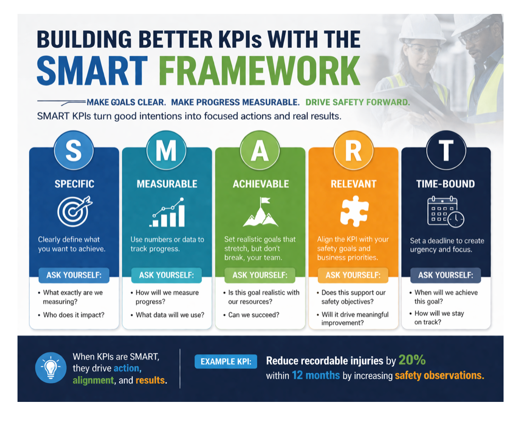 Infographic explaining the SMART framework for building KPIs: Specific, Measurable, Achievable, Relevant, and Time-bound.