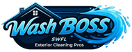 Logo for Wash BOSS SWFL Exterior Cleaning Pros featuring a blue house silhouette and a dynamic water spray design.