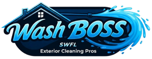 Logo for Wash BOSS SWFL Exterior Cleaning Pros featuring a blue house silhouette and a dynamic water spray design.