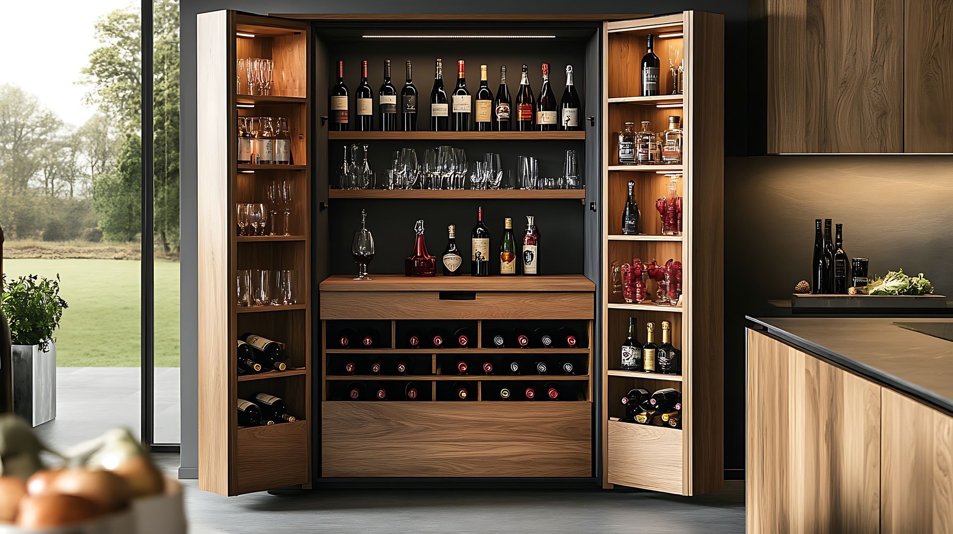 Wooden bar cabinet with wine bottles, glasses, and liquor, open to reveal interior.