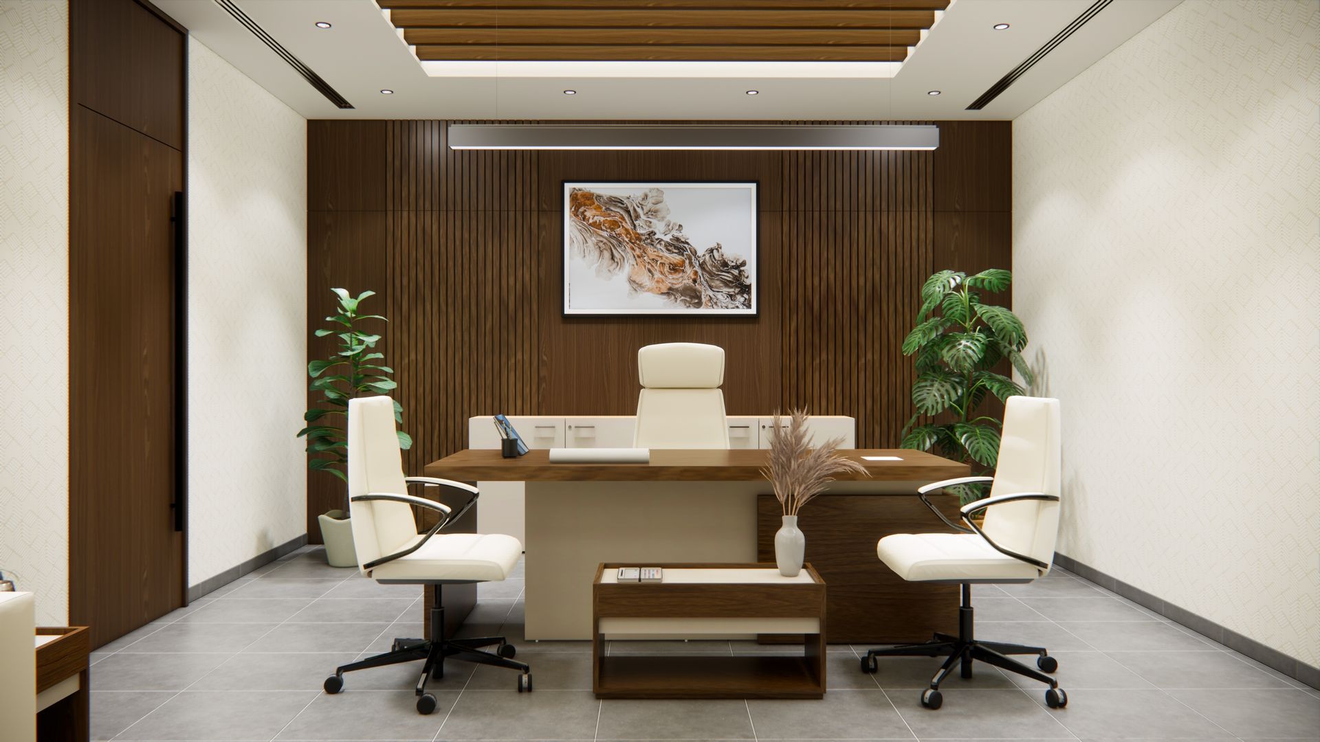A modern office with a wooden desk, chairs, artwork, and plants.