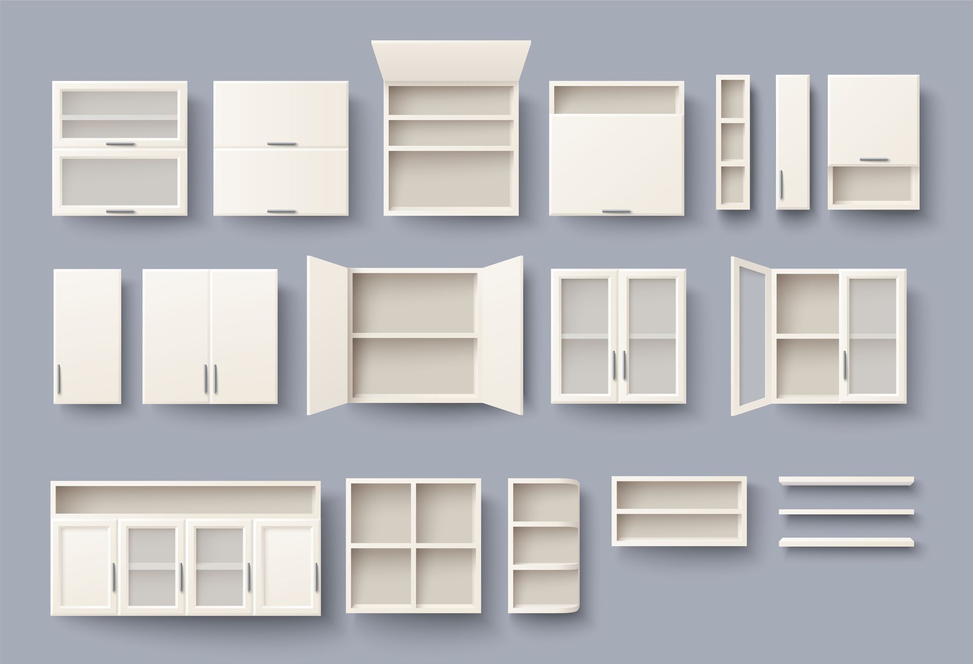 Collection of various white kitchen cabinets with open and closed doors, on a gray background.