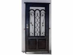 Puerta de hierro forjado negro con motivos decorativos en espiral y paneles de vidrio.