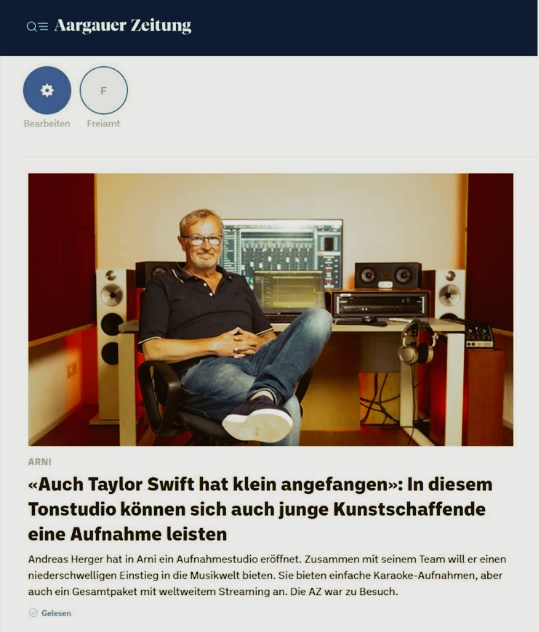 Easy Recording in den Medien. Die Aargauer Zeitung AZ berichtet über das Tonstudio in Arni und warum Taylor Swift auch einmal klein angefangen hat... 