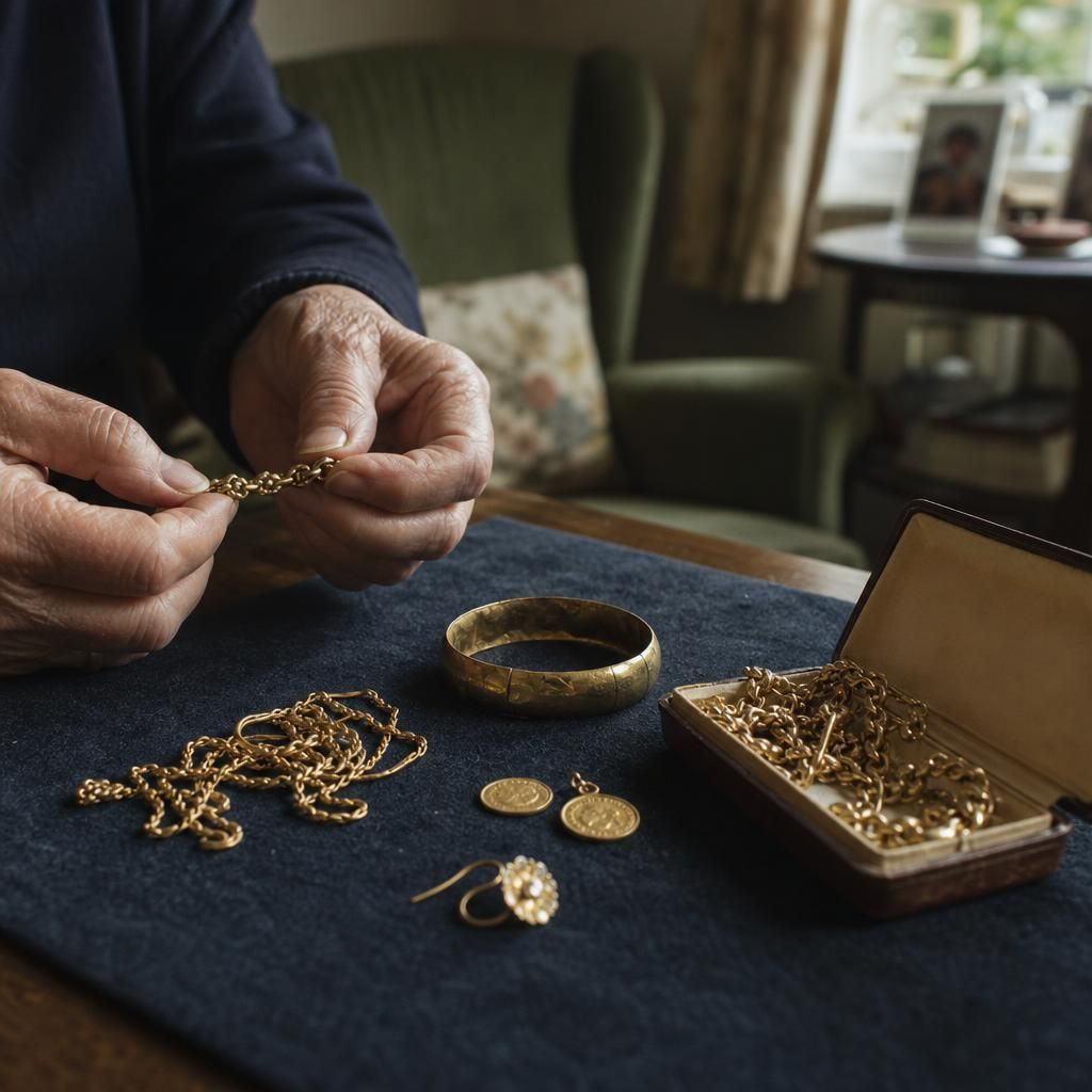 Assorted gold jewellery and coins on dark felt