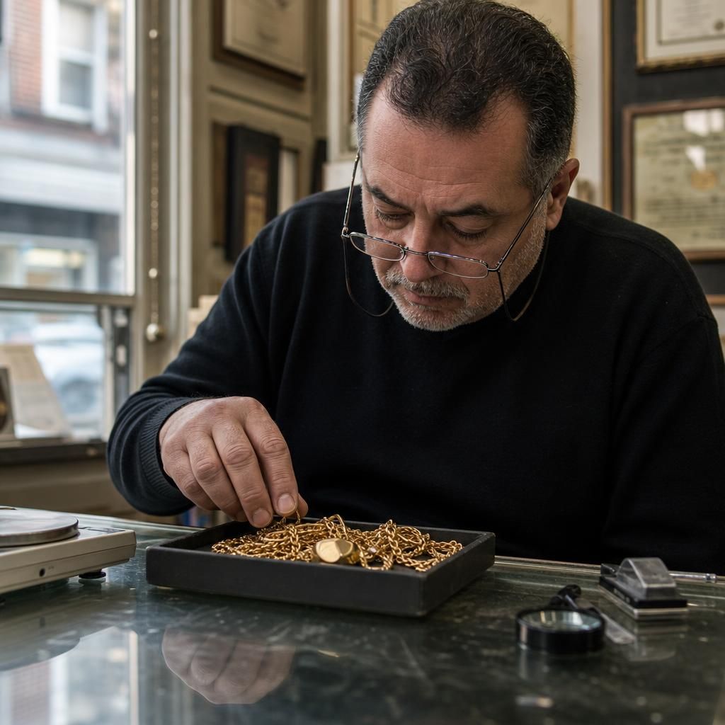Jeweler weighing gold chains at a local shop