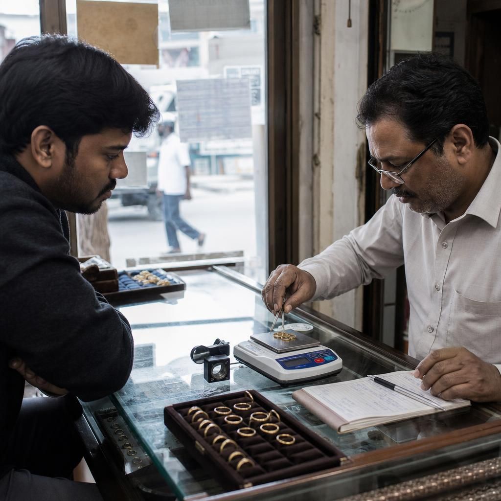 Customer watching gold rings weighed at jewelry counter