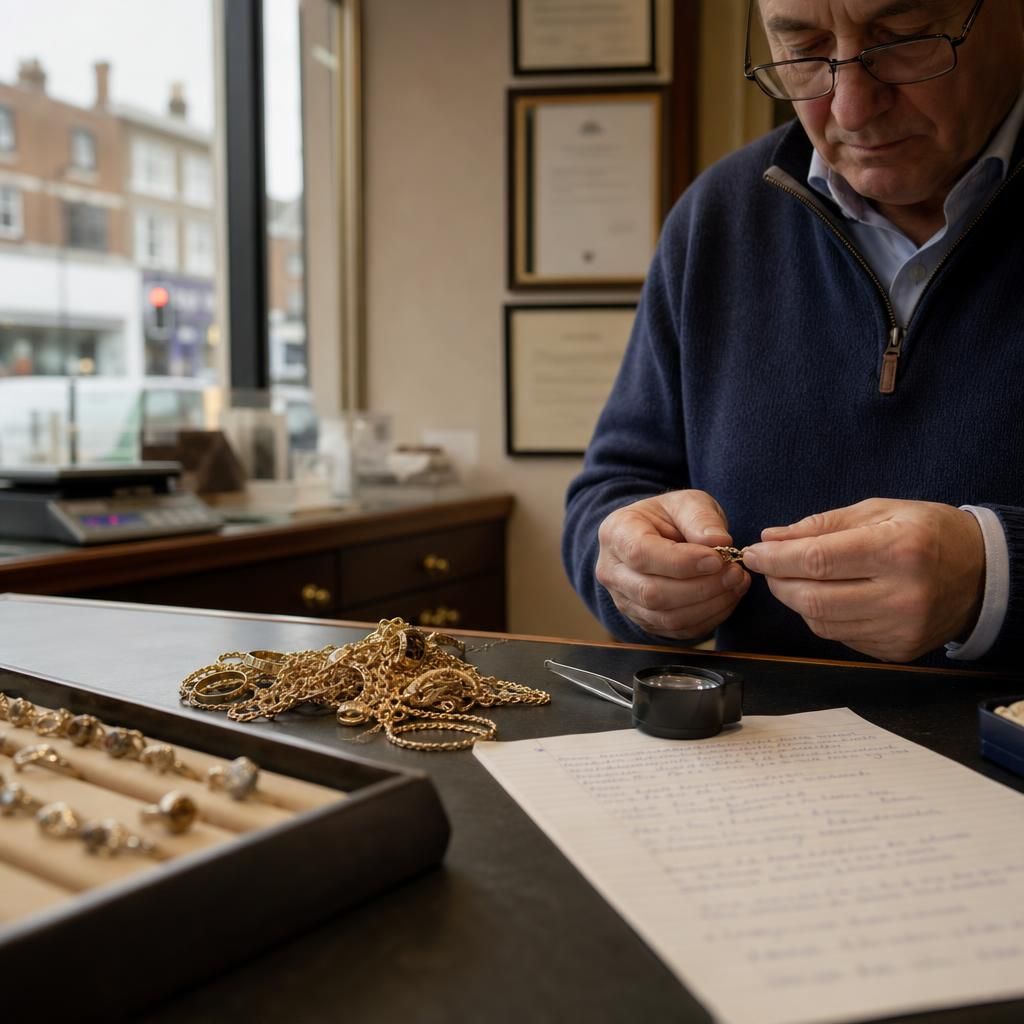 Gold chains and FAQ sheet on jeweler's desk