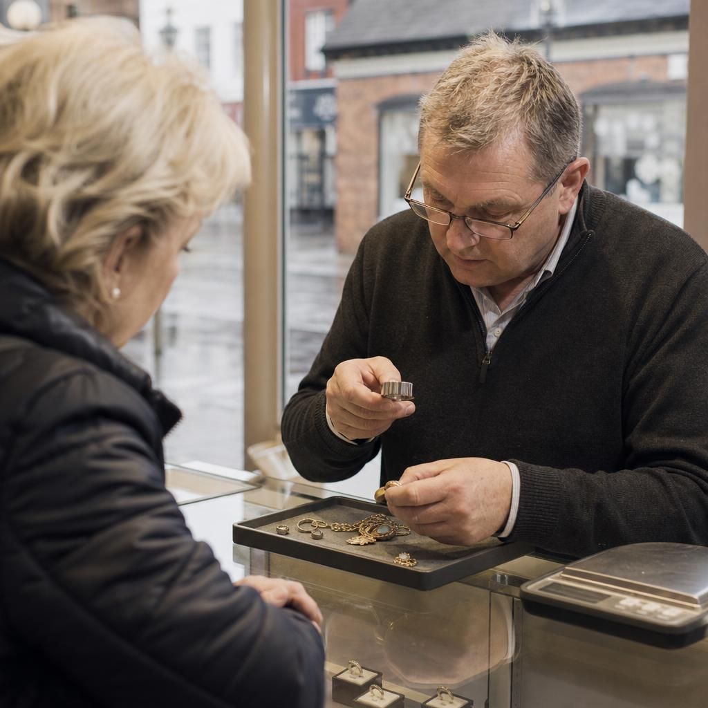 Jeweler valuing scrap gold on a Midlands high street