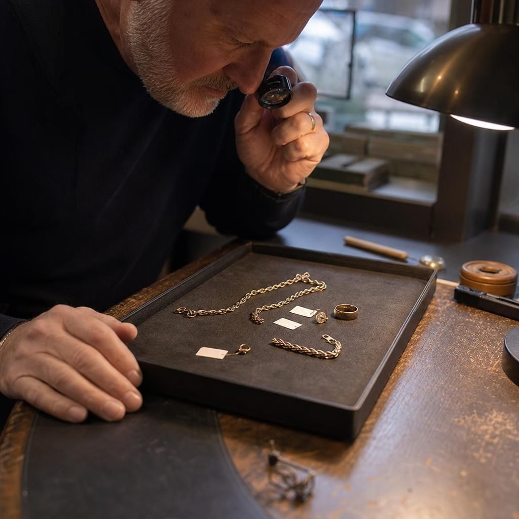 Assorted broken gold jewelry on a jeweler’s desk