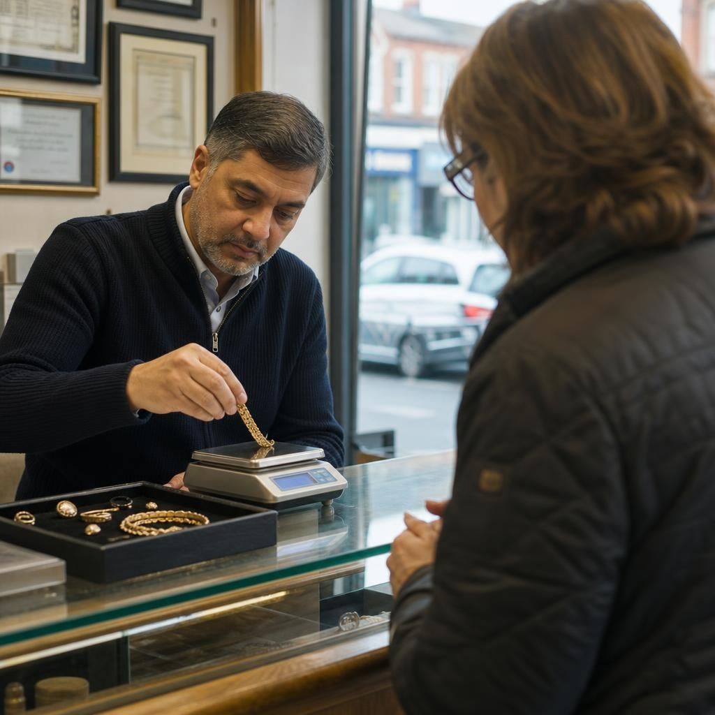 Gold bracelet being weighed at local buyer counter