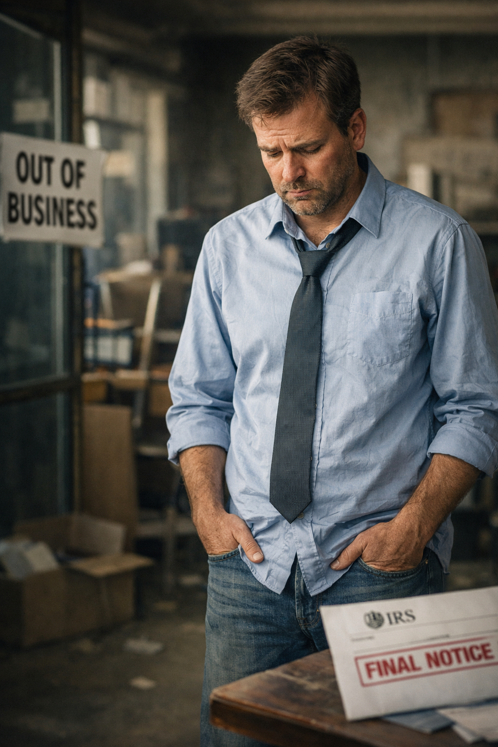 A person stands in a dimly lit office with an 
