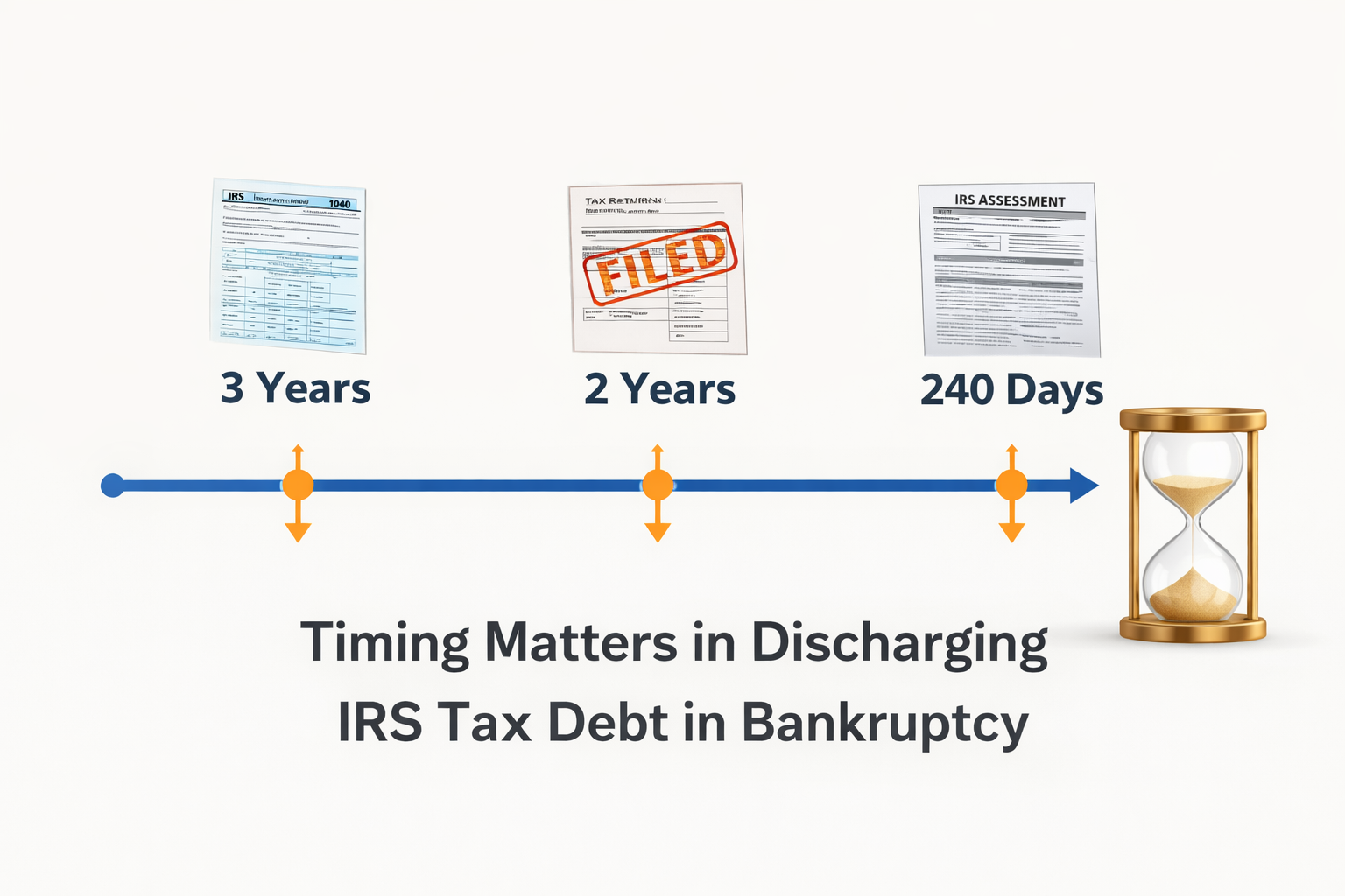 A timeline illustrating the three timing requirements for discharging IRS tax debt in bankruptcy: 3 years, 2 years, 240 days.