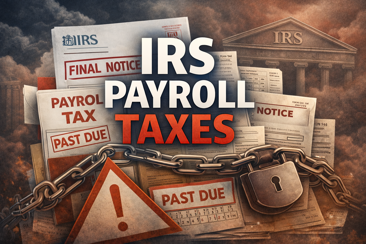 IRS documents, chained and locked, with the words 