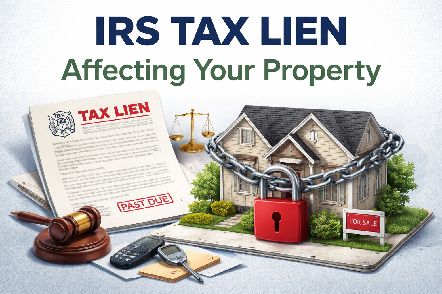 A house chained with a red padlock next to a tax lien document, a gavel, and car keys.