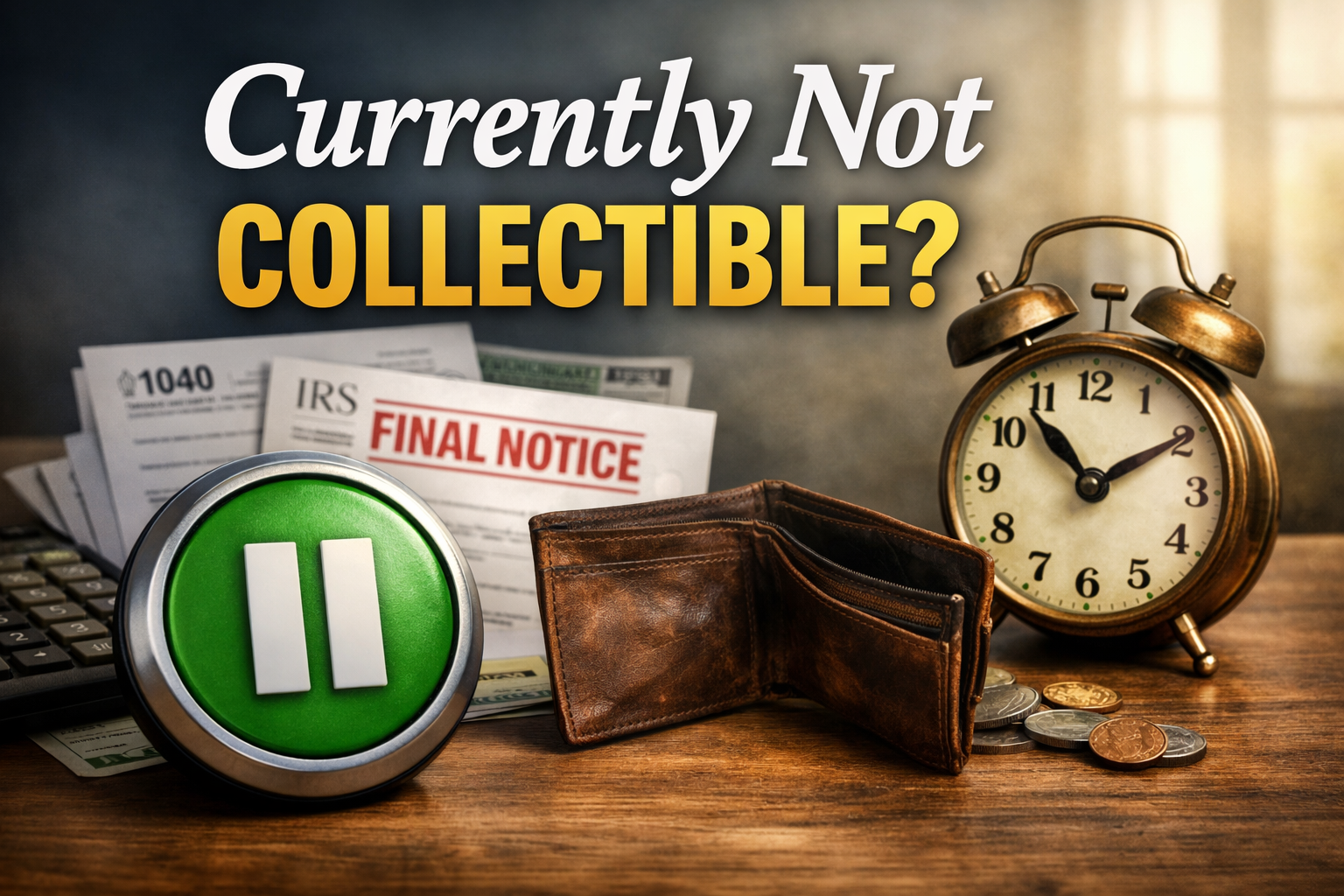 IRS final notice forms, a pause button, a wallet, and an alarm clock on a wooden desk, symbolizing tax debt relief status.