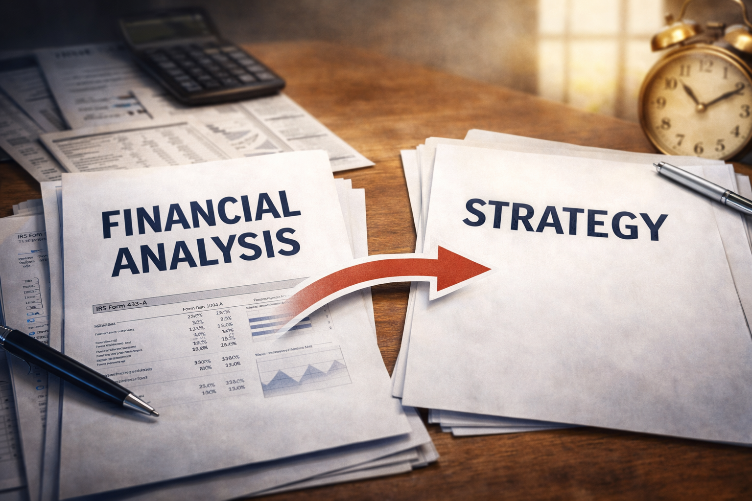 Stacks of business documents labeled Financial Analysis and Strategy, connected by a red arrow on a desk with a calculator.