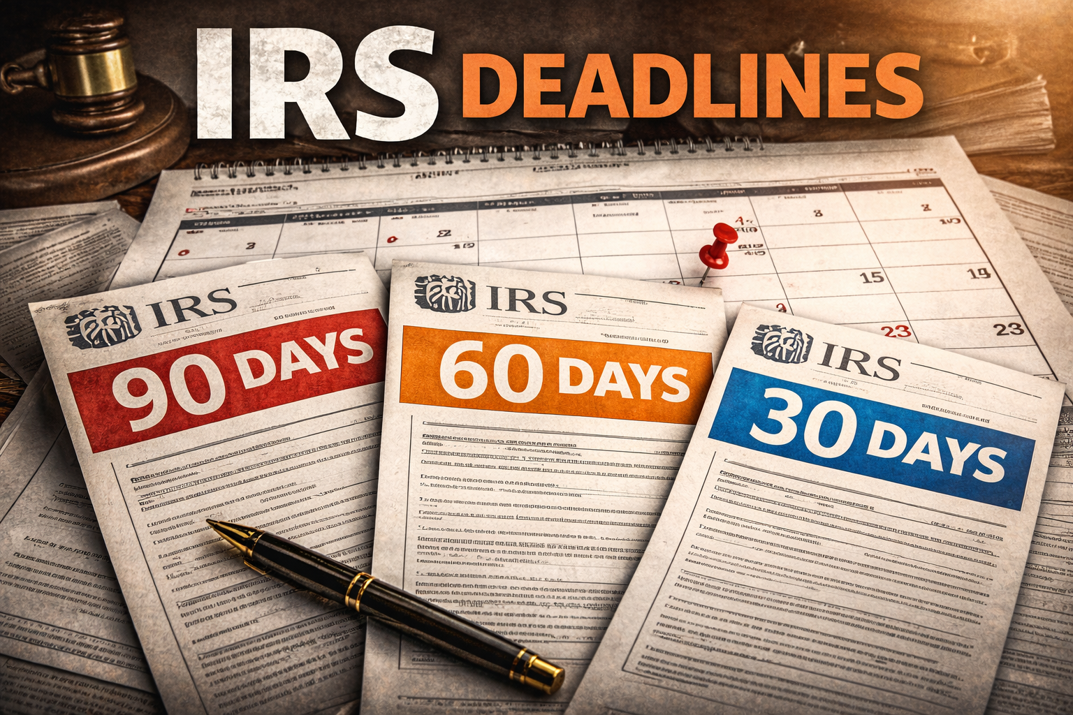 IRS deadlines graphic: Documents labeled 90, 60, and 30 days pinned on a calendar with a pen.