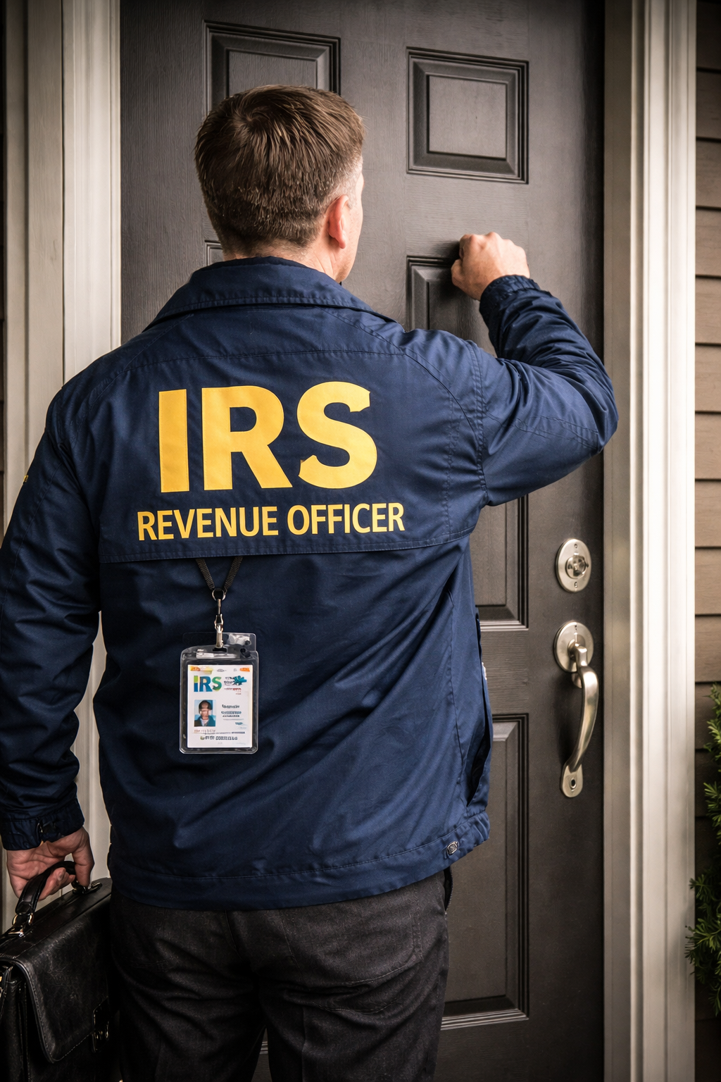 IRS revenue officer in blue jacket knocking on a door, holding a briefcase.