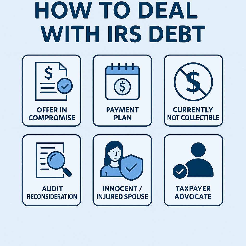 Six icons showing ways to deal with IRS debt: offer in compromise, payment plan, currently not collectible, audit reconsideration, innocent/injured spouse, and taxpayer advocate.