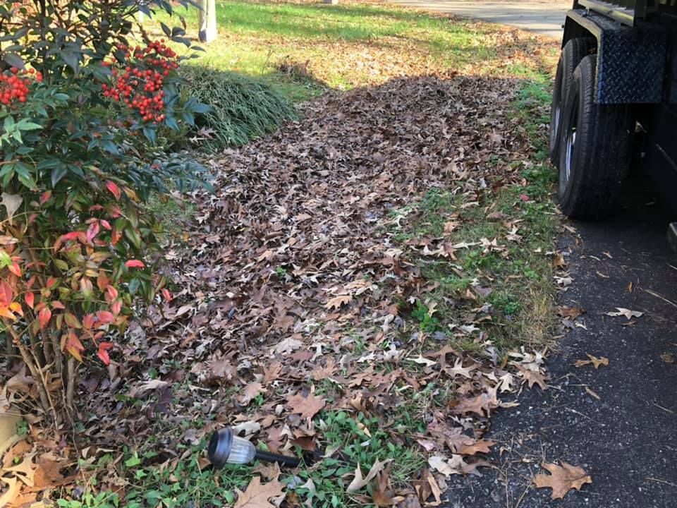 A pile of leaves on the side of a road next to a truck.