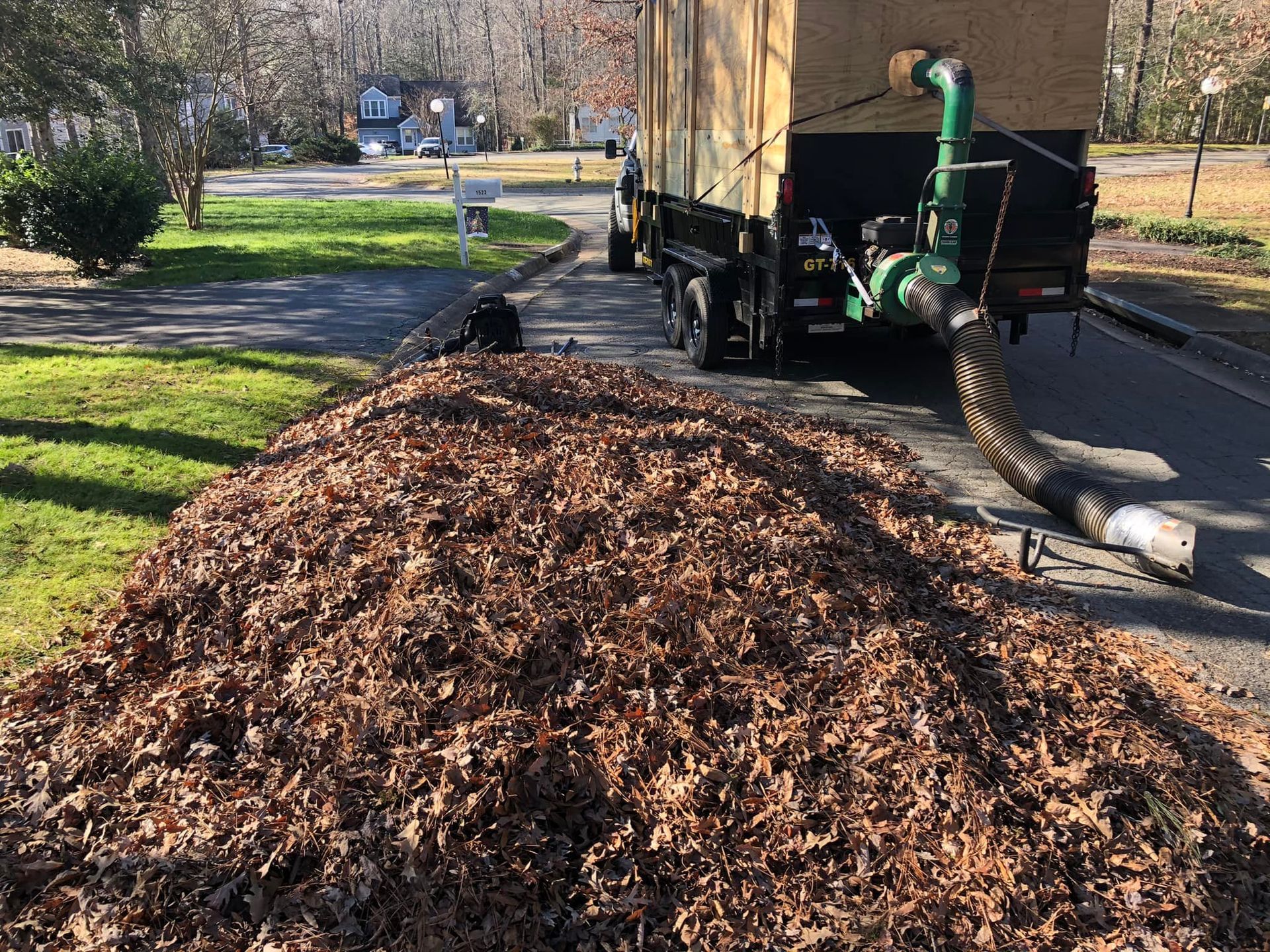 A pile of leaves is being vacuumed by a truck.