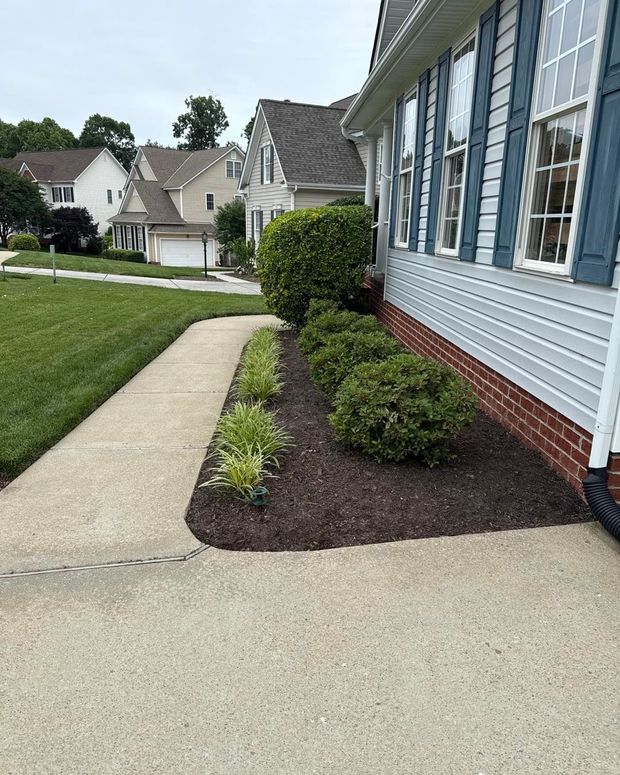 A sidewalk leading to a house with a lush green lawn.