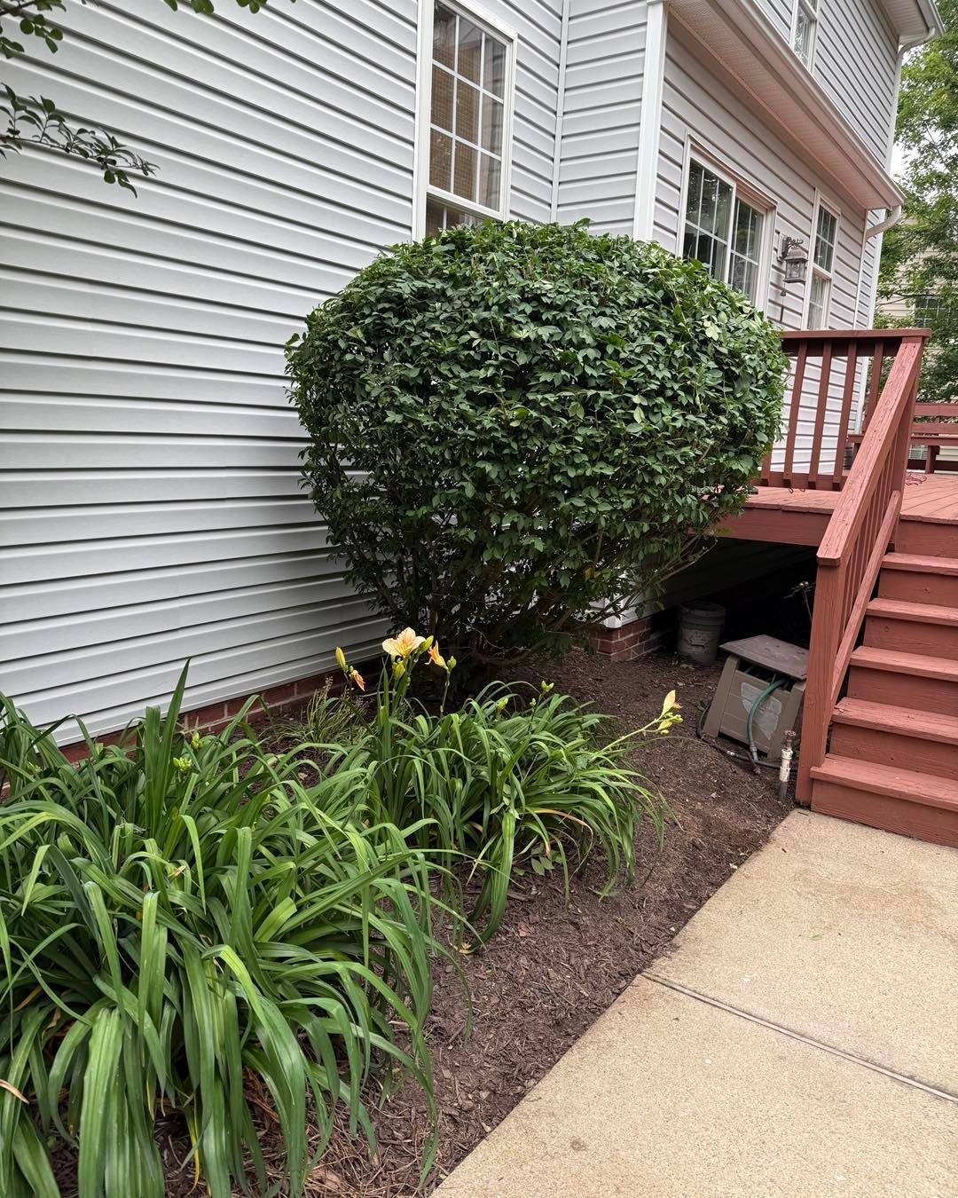 A house with a deck and stairs leading up to it.